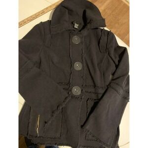 ETCETERA Wool Blend Black Raw Edge Frayed Trim Large Snap Button Peplum Hem Sz 6